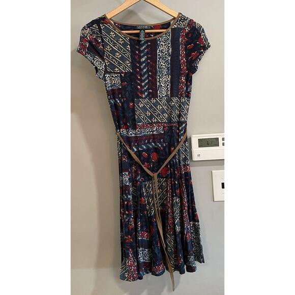 Lauren Ralph Lauren Dress Fit Flare Patchwork Print Waist Tie Womens‎ Small - Picture 1 of 7